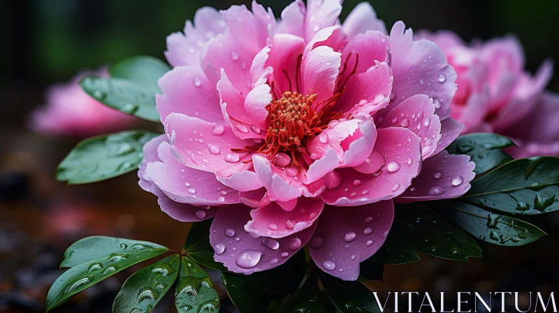 Pink Peony Flower Close-Up with Raindrops AI Image