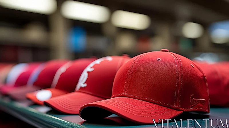 Red Baseball Caps Close-up on Green Table AI Image