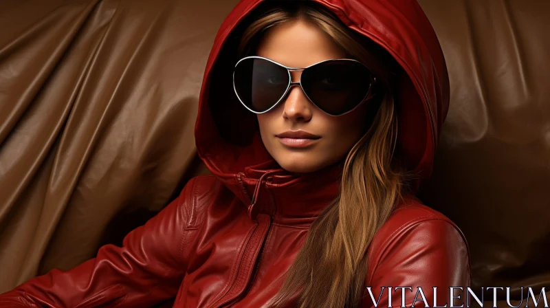 Serious Woman in Red Leather Jacket with Sunglasses AI Image