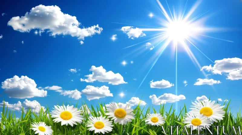 Summer Landscape with Daisies and Blue Sky AI Image
