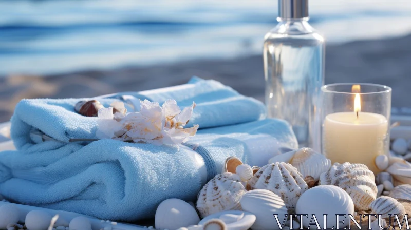 Tranquil Spa Composition with Candle, Towels, and Seashells AI Image