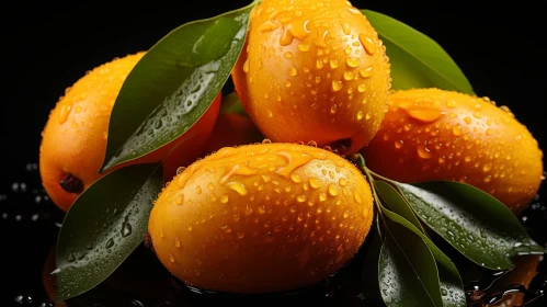 Yellow Mangoes with Water Droplets on Black Background