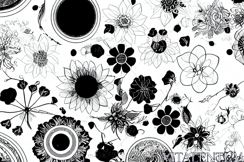 Captivating Black and White Drawing of Flowers and Leaves AI Image