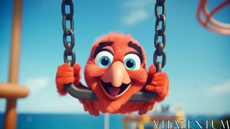 Cheerful Cartoon Parrot Swinging on Chain at Beach AI Image
