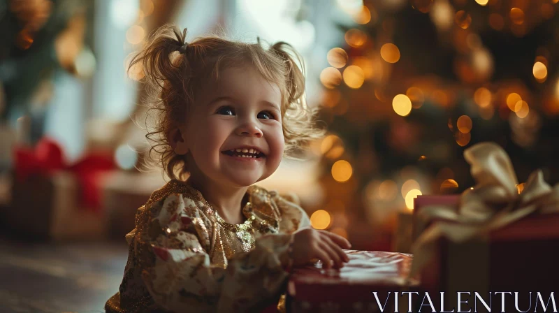 Christmas Joy: Young Girl Opening a Sparkly Present AI Image