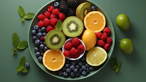 Colorful Plate of Fruits with Mint Leaves