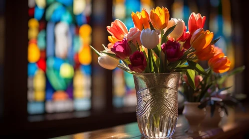 Colorful Tulip Still Life with Stained Glass Background