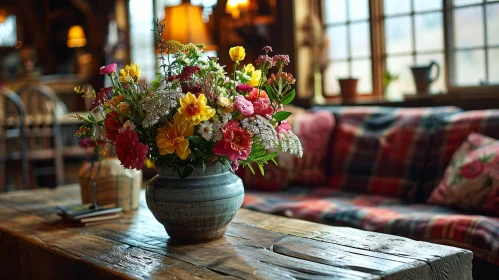 Cozy Flower Arrangement on Wooden Table in Living Room