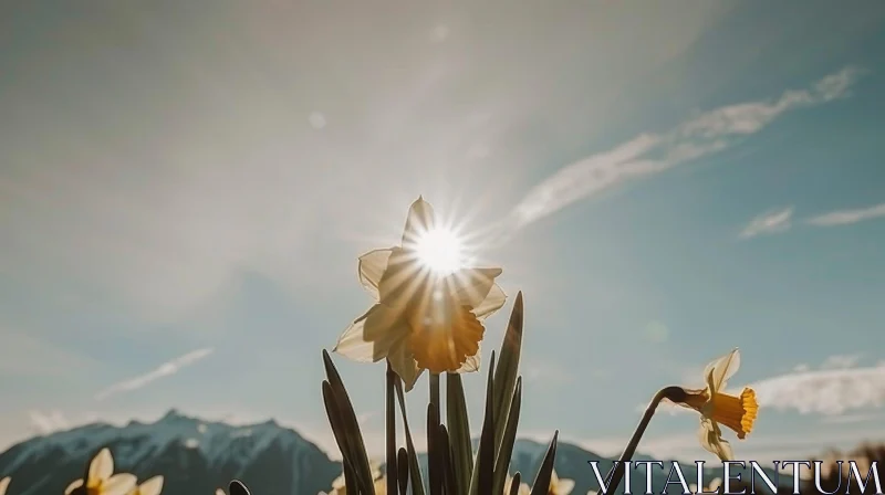 AI ART Daffodil Flower in Bloom Against Blue Sky