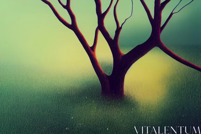 Darkly Romantic Illustration of a Large Tree and Green Field AI Image