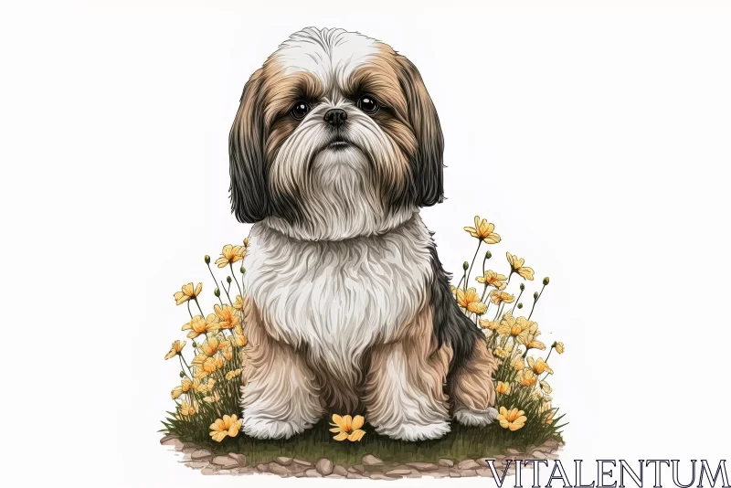 Detailed Shading: Shih Tzu Dog with Yellow Flowers | Outdoor Art AI Image