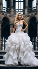 Elegant White Wedding Dress on Marble Staircase