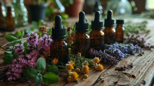 Essential Oil Bottles and Dried Flowers on Wooden Table