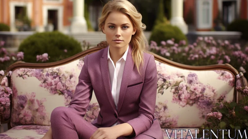 Serious Blonde Woman in Pink Suit on Floral Couch AI Image