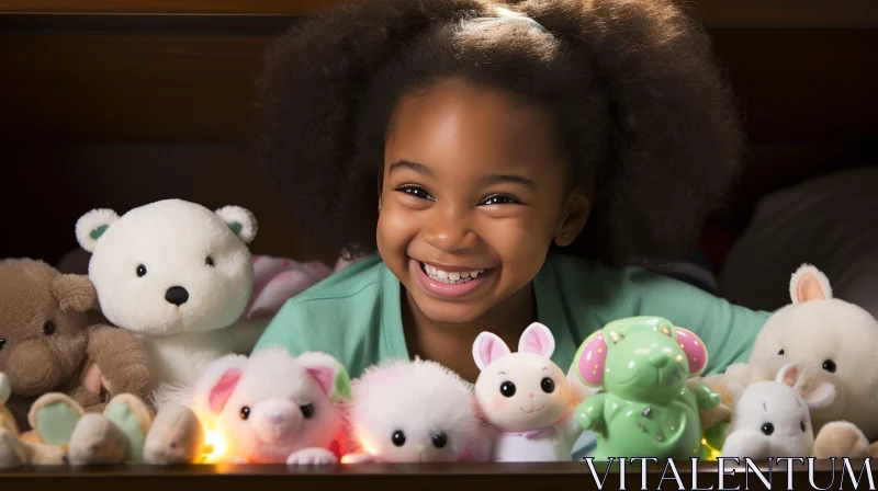 AI ART Joyful African-American Girl with Stuffed Animals