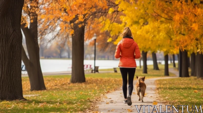 Red Jacket Woman Running with Dog in Autumn Park AI Image
