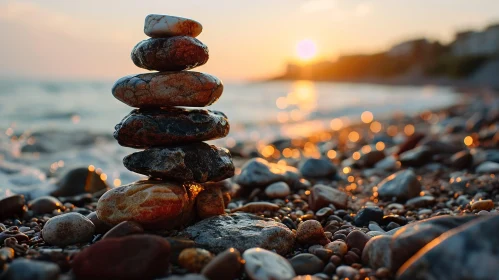 Tranquil Beach Sunset with Balanced Stones