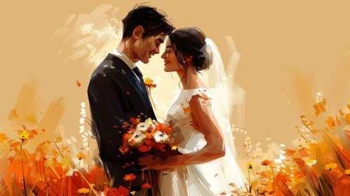 Wedding Couple in Field of Flowers