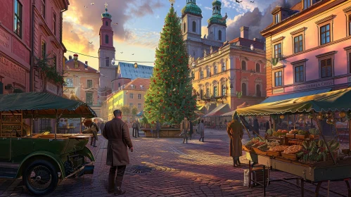 Winter Christmas Scene in European City - Festive Painting