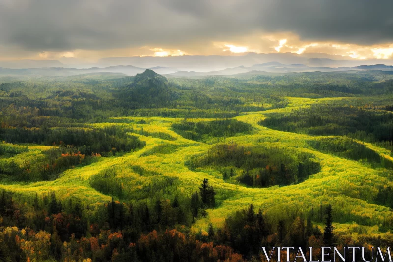 Captivating Forest Landscape: Green Colored Forest with Swirling Vortexes AI Image