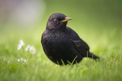 Captivating Image of a Small Black Bird in a Serene Field