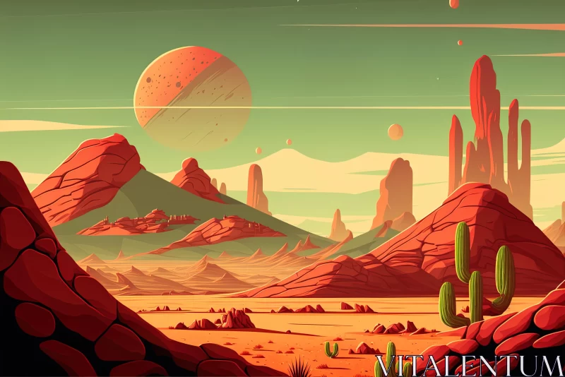 Captivating Landscape Scene: Small Planet, Red Rocks, and Cacti AI Image