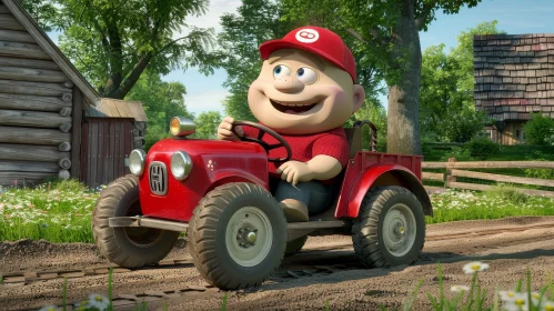 Cheerful Cartoon Character Driving Red Tractor in Field