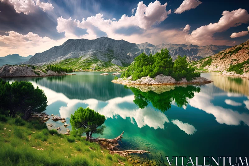 Serene Lake amidst Mountains and Trees - Captivating Nature Photography AI Image