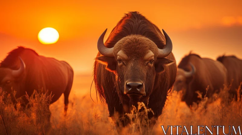 Bison in Field at Sunset AI Image