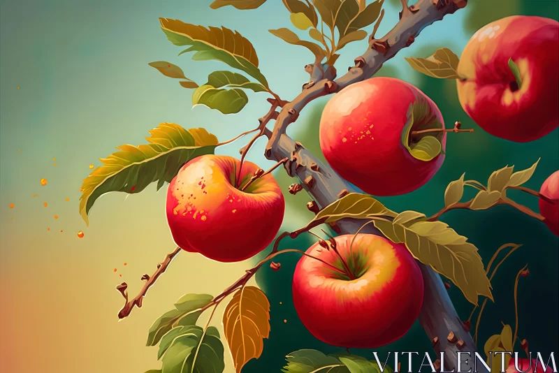 Captivating 2d Game Art: Red Apples on Branches with Leaves AI Image
