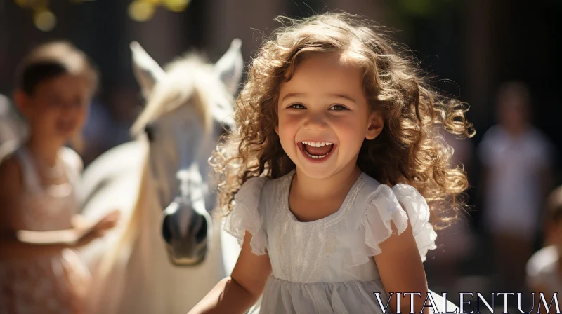 Joyful Little Girl with White Horse AI Image