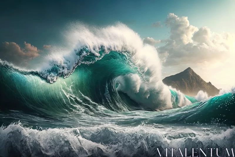 Captivating Hyperrealistic Marine Art: Wave Crashing into Ocean with Mountains AI Image