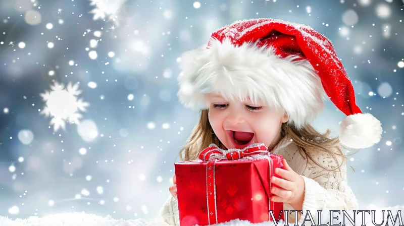 Christmas Joy: Little Girl in Santa Hat with Gift AI Image