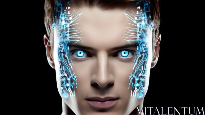 Cybernetic Implants Portrait - Young Man with Blue Eyes AI Image