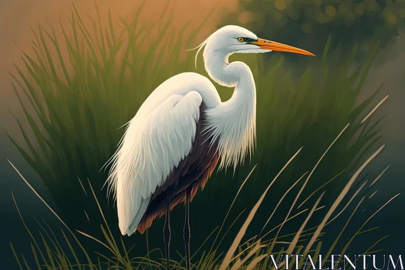 Graceful Bird in Grass: Realistic Landscape Illustration AI Image