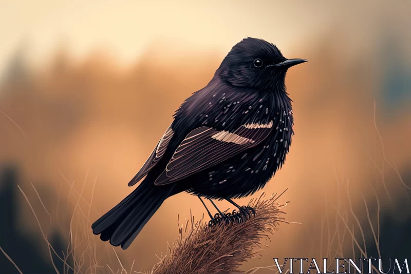 Playful and Realistic Black Bird Illustration on Branch AI Image