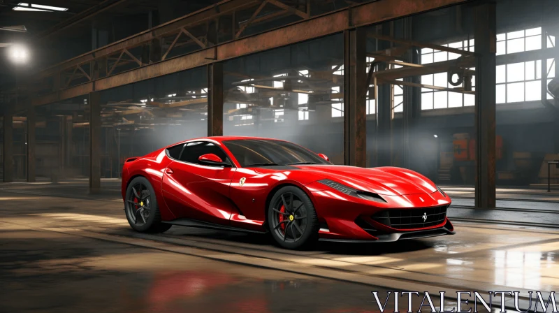 Red Ferrari Sports Car in Industrial Area | Vray Tracing | Baroque Extravagance AI Image