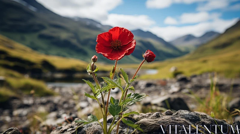 Red Flower in Rocky Field: Mountain Landscape View AI Image