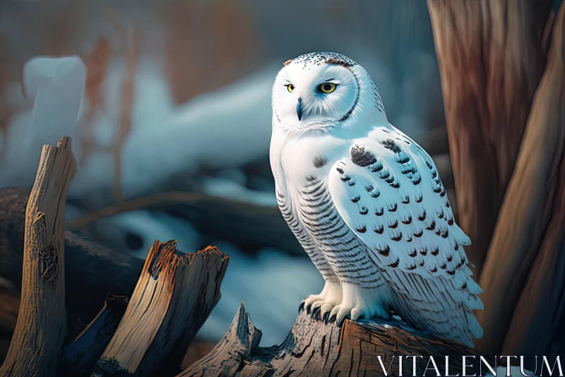 Snow Owl Perched on Log | Realistic Nature Art AI Image