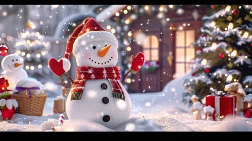 Snowman in Snowy Forest - Winter Christmas Scene