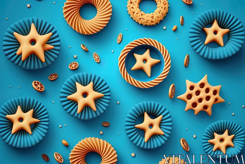 Abstract Cookies, Stars, and Donuts on Blue Background - Organic Forms AI Image