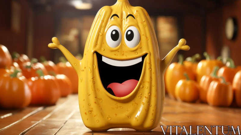 Cheerful 3D Cartoon Pumpkin Character in Room AI Image