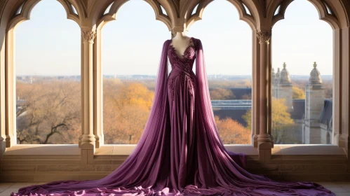 Elegant Purple Lace Dress with Cityscape Background