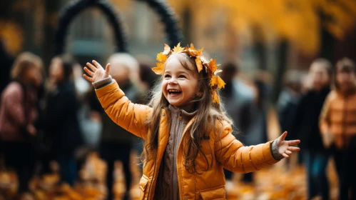 Joyful Little Girl in Yellow Jacket and Maple Leaf Wreath
