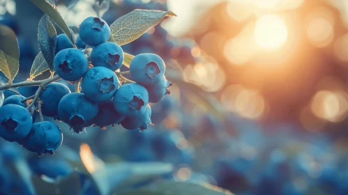 Ripe Blueberries on Branch at Sunset