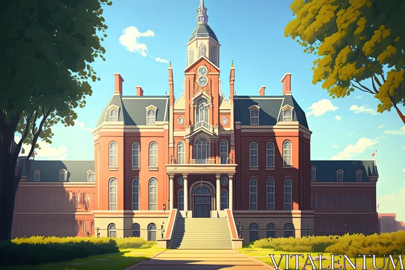 Whimsical Anime Illustration of an Old Brick Building in a City AI Image