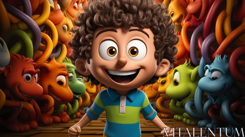 AI ART Curly-Haired Boy Surrounded by Colorful Creatures