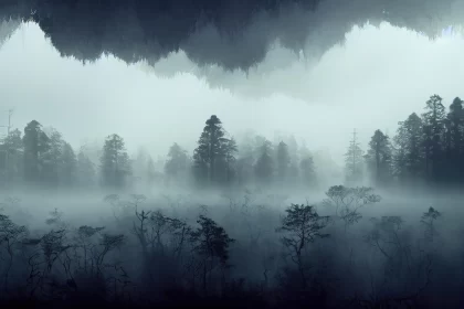 Enigmatic Forest in Fog: Mirrored Realms and Organic Formations