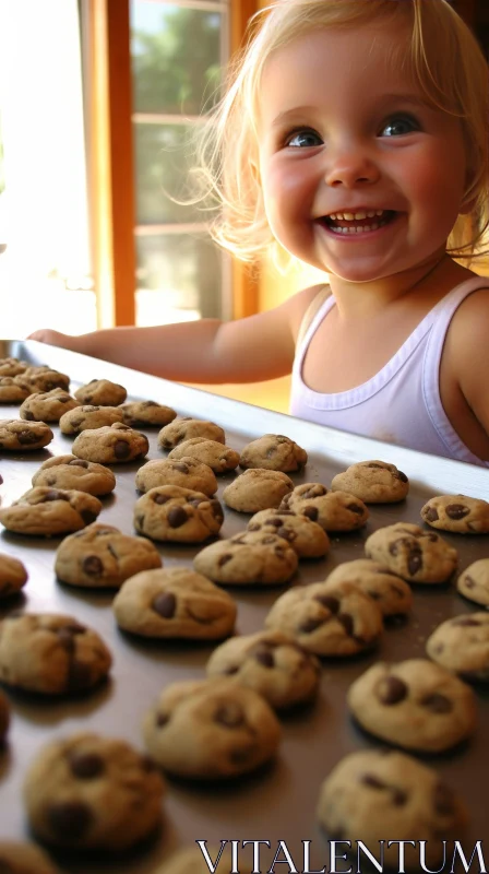 Happy Girl in Kitchen with Chocolate Chip Cookies AI Image