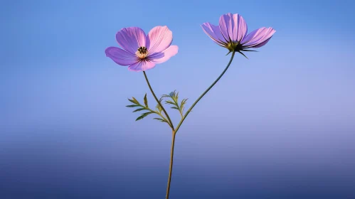 Pink Cosmos Flowers Close-Up Against Blue Background